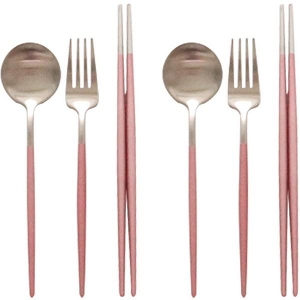 Menard Stella Cutlery Set for 2, Silver Pink, 2p Spoons + 2p Chopsticks + 2p Forks, Korean Popular Tableware