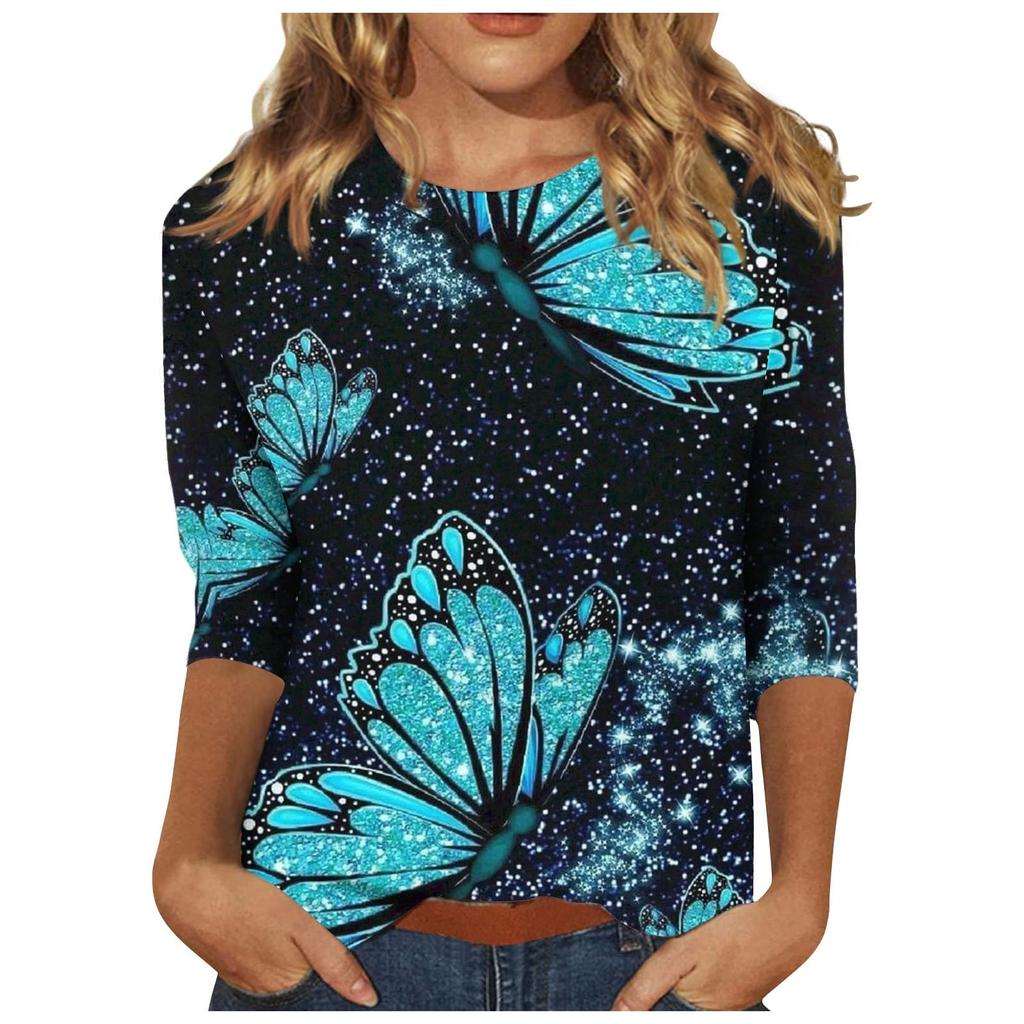 Круглый вырез с принтом в виде 3D-бабочки, модные повседневные женские футболки с длинными рукавами