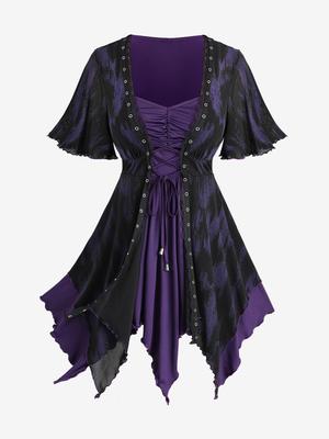 Rosegal Plus Size Ruched Ruffles Grommets Lace Up Asymmetrical 2 In 1 Top