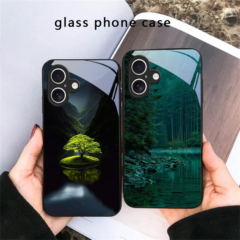 Рисунок «Лесной ручей» для iPhone 17 Air 16 E 15 Plus 14 Pro Max 13 12 mini 11 5 6 7 8 Plus XR XS Max SE Черный стеклянный чехол для телефона