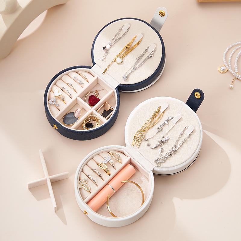 Compact Travel Jewelry Box with Mirror - Double Layer Storage for Earrings, Studs, and Rings