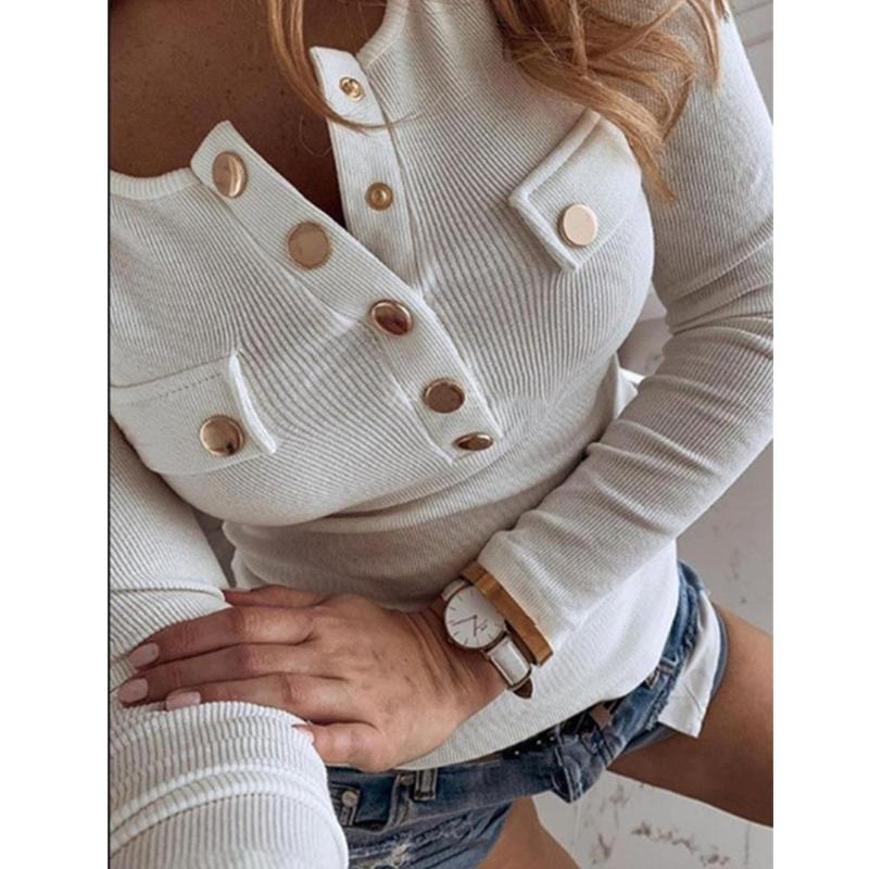 Autumn New Women's Long-sleeved Casual Button T-shirt Large Size Thin Solid Color Top