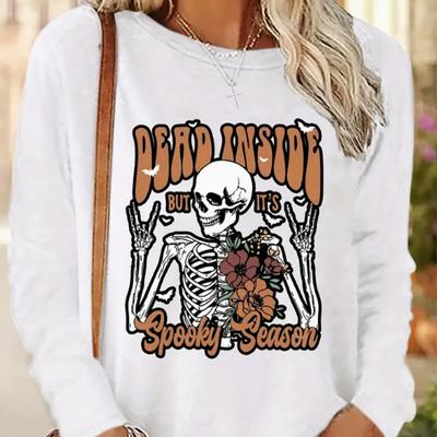 Топы для женщин Танцующий скелет Принт Круглый вырез Длинный рукав Футболка Осенний повседневный тонкий пуловер Женский длинный рукав Топ