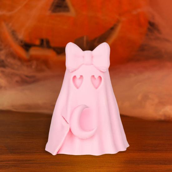 Halloween Ghost Figurine Cute Pink Ghost Holding Moon Statue Resin