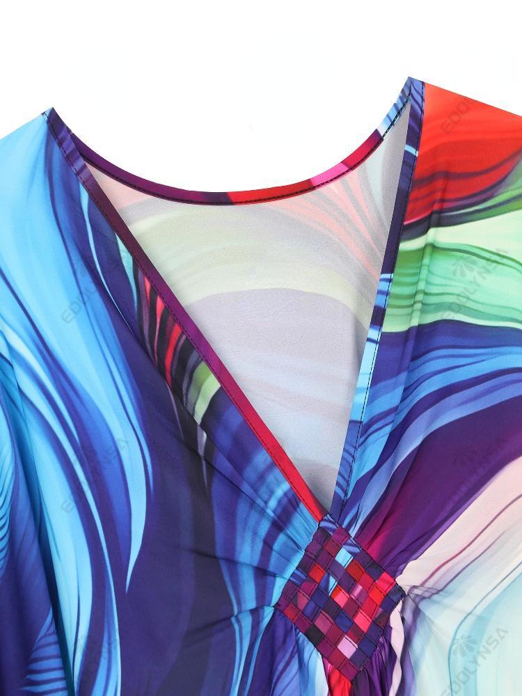 EDOLYNSA Blue Bohemian Relaxed Long Dress Kaftan Caftan Vacation Party House robe Bathing suit cover up Beach Wear Q1634