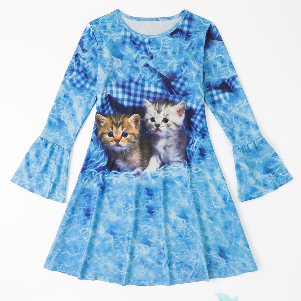 Girl Casual 3D Cute Cat Print Round Neck Long Sleeve Dress Kid Princess Dress