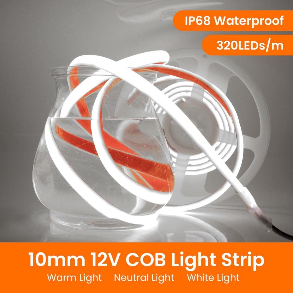IP68 Waterproof COB LED Strip Lights DC 12V High Bright 320 LEDs/m Flexible Neon Ribbon Tape with EU/US/UK/AU Plug for Garden
