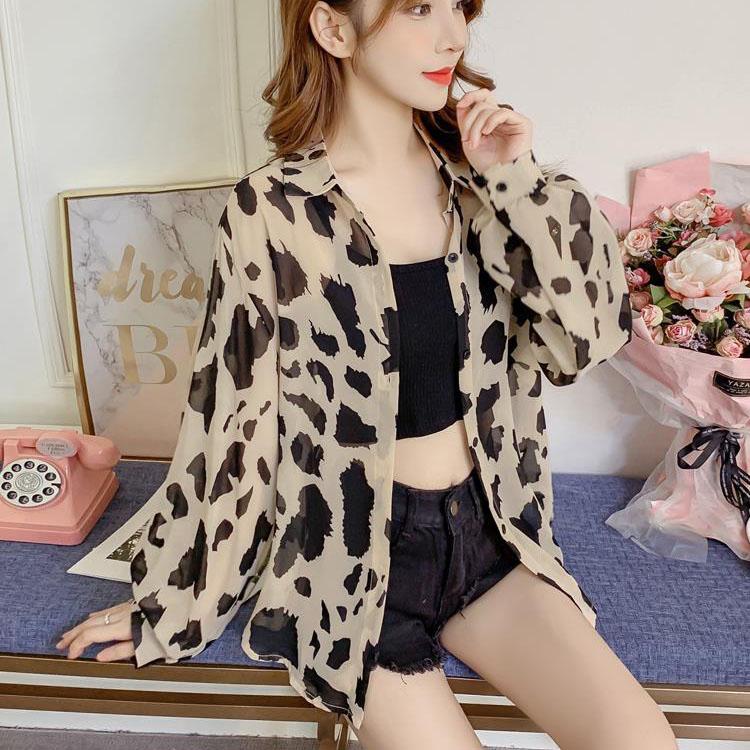 Womens Large Shirt Summer Sunscreen Chiffon Shirt Cardigan Thin Top With Coat Korean Leopard Shirt