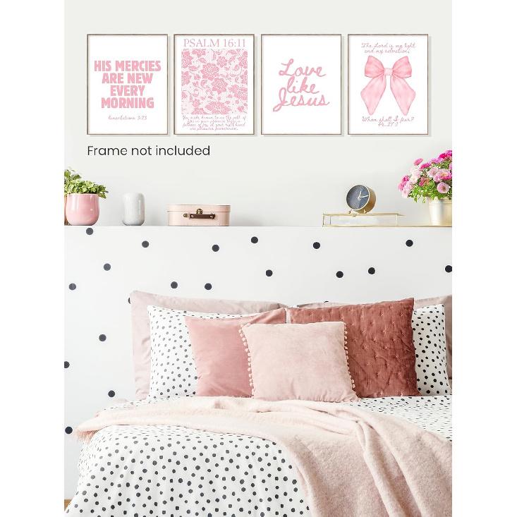 FGFK Girly Pink Christian Wall Art Prints Set of 4, Lamentations 3:23 Psalm 16:11 Psalm 27:1 Bible Verse Preppy Posters Pictures Wall Decor for Girls
