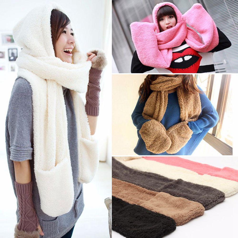 Women Long Warm Plush Velvet Hooded Scarf 3 In 1 Pocket Gloves Hats