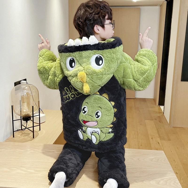 Thickened 3-Layer Cotton Padded Winter Boys Pajamas Set Coral Fleece Warm Sleepwear Kids Ages 8