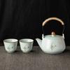 Ru Kiln Celadon Xishi Teapot Set with Handle, Chinese Kung Fu Tea Set, Sky Blue Ceramic Tea Pot