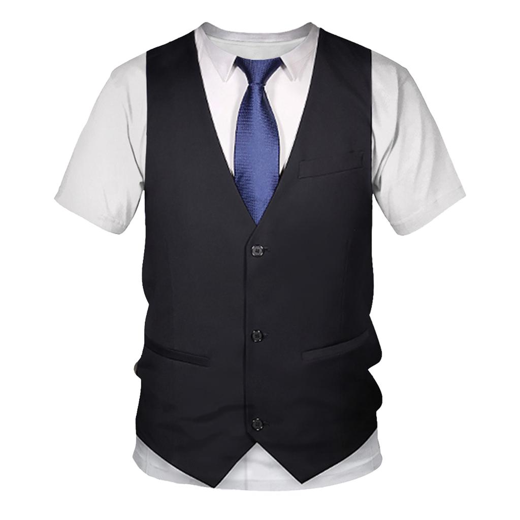 Boys Funny 3D Vest Tie Pattern Printed T Shirt Round Neck Short Sleeve Casual Top