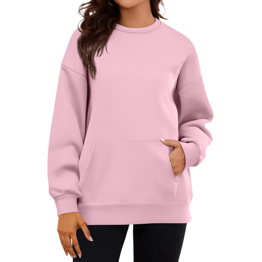 Women's Casual Fashion Long Sleeve Solid Color Round Neck Sweatshirt Top With Pockets