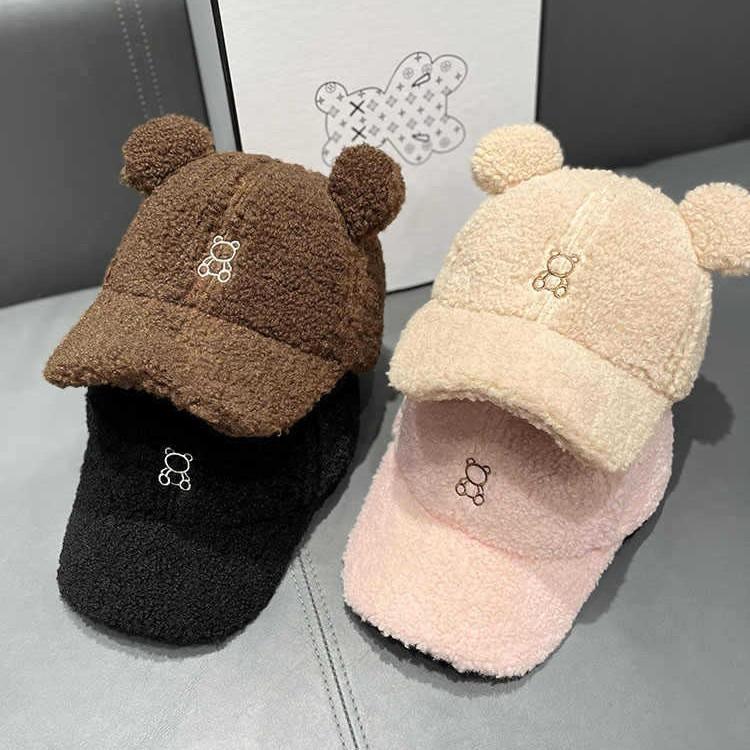 Embroidery cute bear ears baseball cap children autumn and winter Internet celebrity lamb wool warm versatile cap