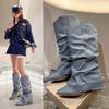 Women's Retro Blue Pleated Cowboy Boots Pointed Toe 5cm Square Heel Middle Heels Women Shoes Knee High Boots Large Size 35-42