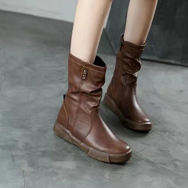 2024 Горячая Распродажа Женская Обувь Боковая Молния Женские Сапоги Модные Круглые Носки Современные Сапоги Женские Высококачественные Сапоги Большого Размера До Середины Икры