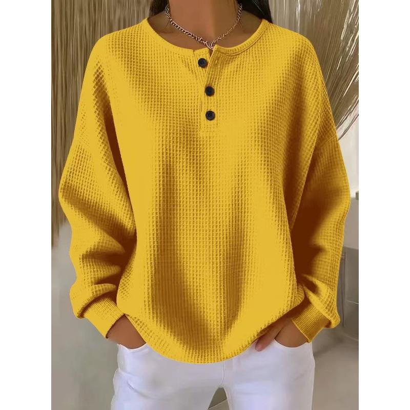 Женская толстовка-henley с круглым вырезом и длинным рукавом, свободного кроя, в винтажном стиле, однотонная, вафельная вязка, пуловер для весеннего повседневного образа