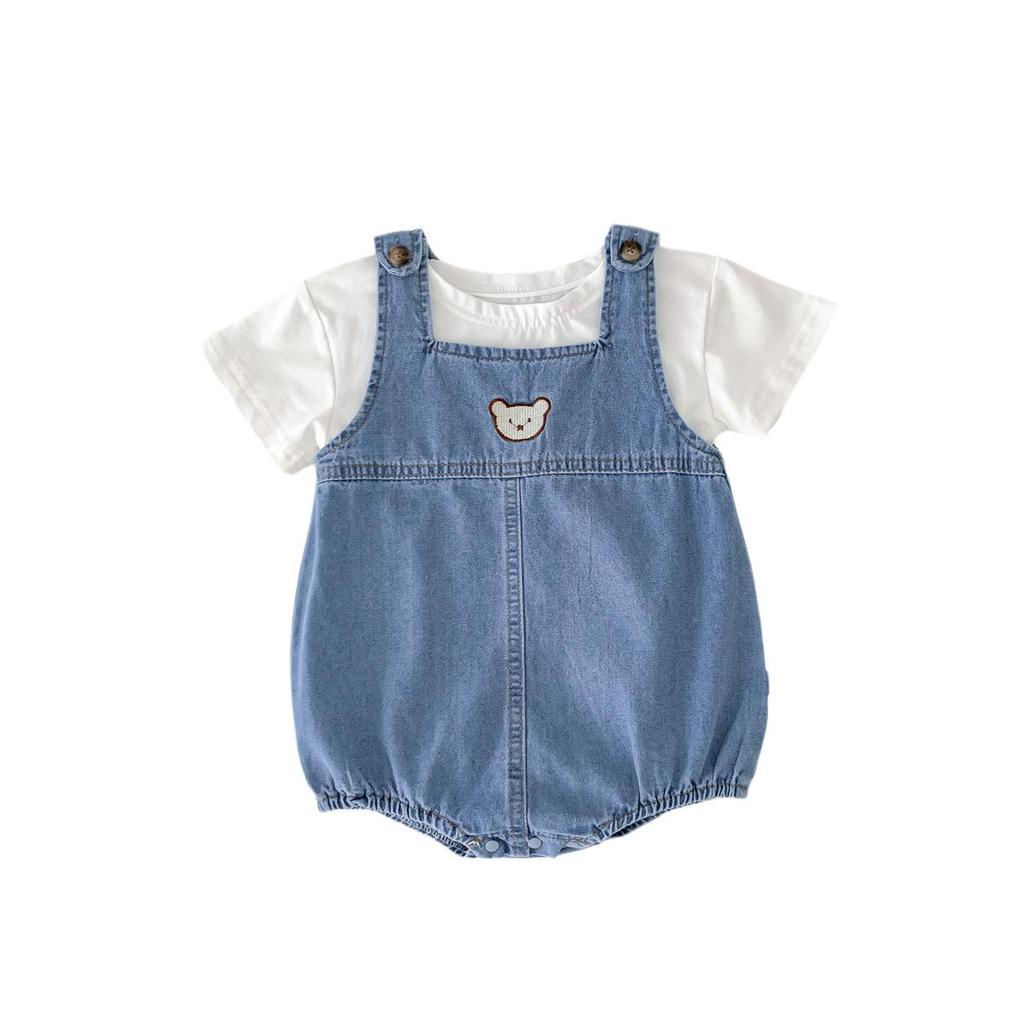 Unisex Baby Bear Denim Romper - Summer Snap Crotch Crawling Suit
