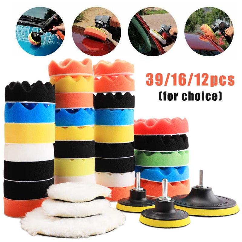 12/16/39Pcs Car Polishing Disc Self-Adhesive Buffing Waxing Sponge Wool Wheel Polishing Pad For Car Polisher Drill Adapter