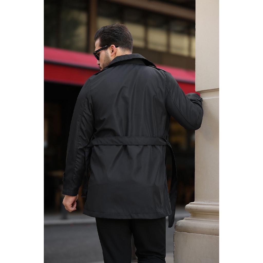 Мужской черный водо- и ветрозащитный плащ с поясом, верхнее пальто