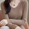 Осенний новый повседневный вязаный свитер с длинным рукавом, женский зимний однотонный элегантный пуловер с V-образным вырезом, женские свитера, облегающий модный офисный женский джемпер 25033