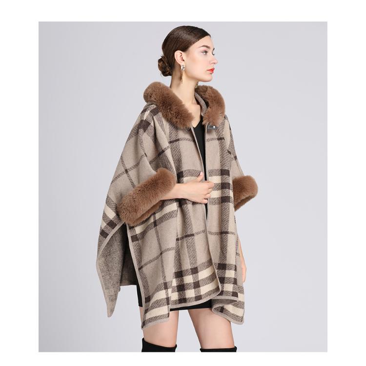 Зимняя женская накидка, шаль с меховым воротником, свободный клетчатый кардиган с капюшоном, большой размер, твидовый жакет с семиточечными рукавами