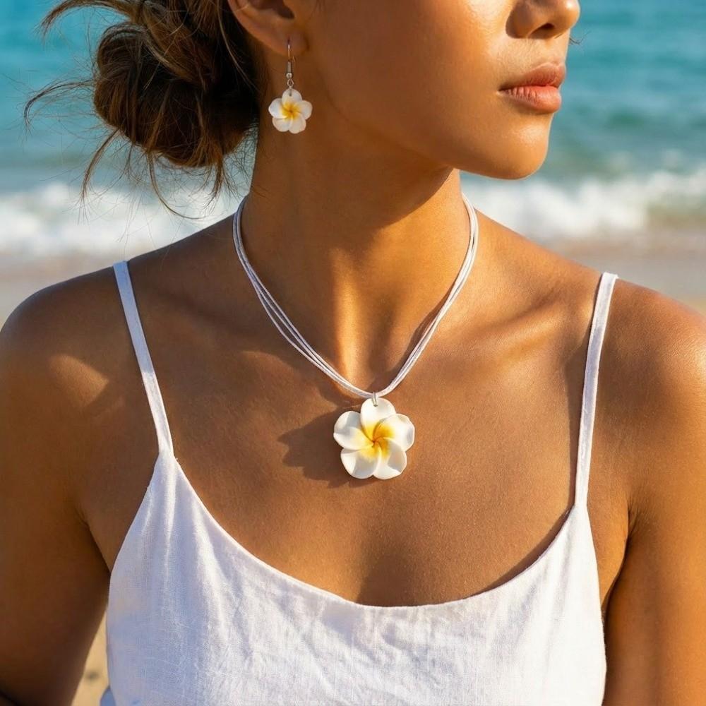 Matching Earrings Flower Necklace Earrings Set Soft Clay Wax Cord Necklace Set Summer Daily Wear