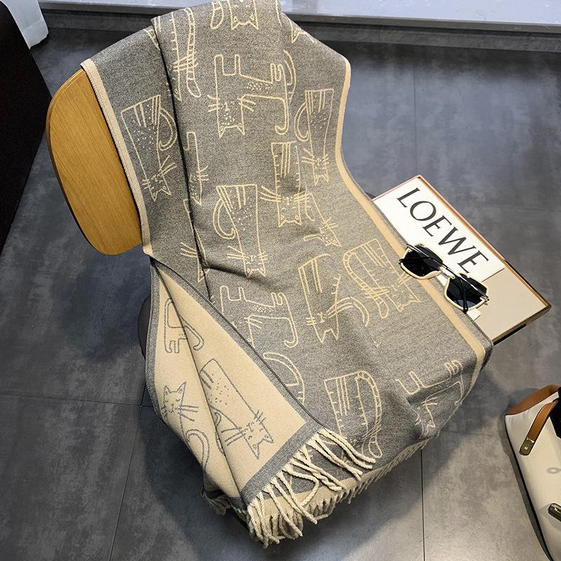 Cute Cartoon Cat Jacquard Scarf Imitation Cashmere Soft Warm Fringe Shawl Autumn Winter Coldproof Windproof Neck Scarf