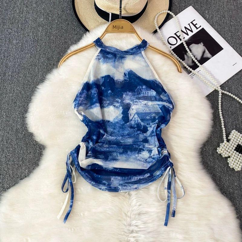 Chinese Style Ink Painting Print Halter Spaghetti Straps Vest Women's Outerwear Western Style Slim Fit Slimming and Short Drawstring Top Summer