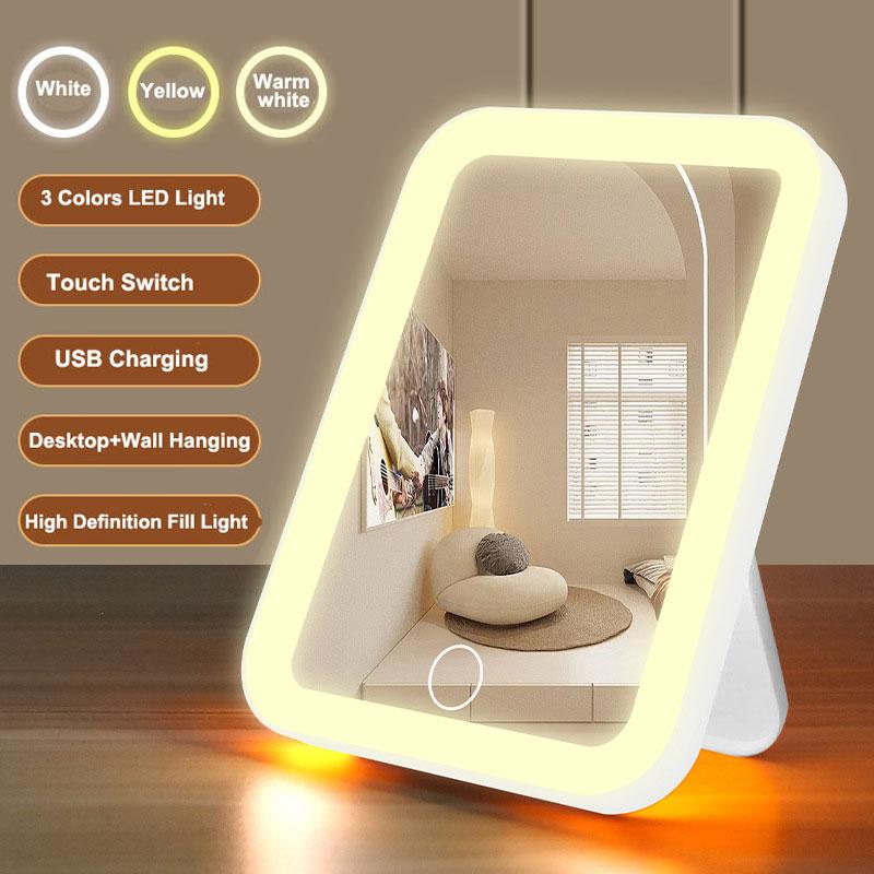 Светодиодное зеркало для макияжа 3 цветов с сенсорным экраном, USB-перезаряжаемое, с регулировкой яркости, 3 уровня яркости, портативное