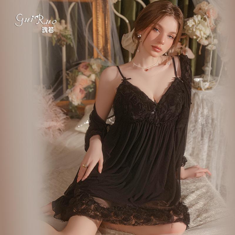 Women's Mesh Floral Lace Cami Sleep Dress with Robe Lounge Set