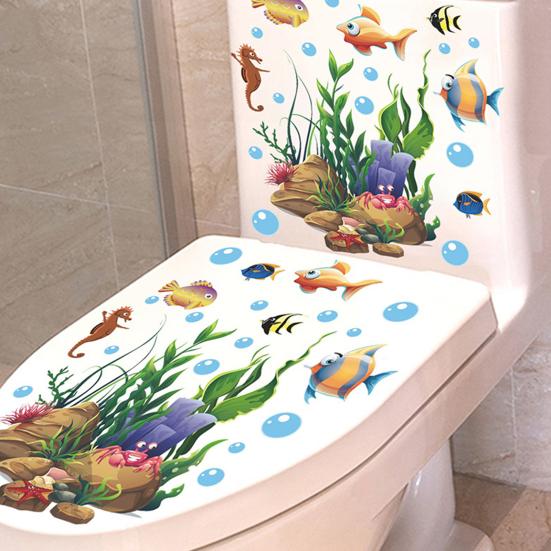 Toilet Lid Stickers Self-adhesive PVC Decals Vinyl Art Decoration Creative Undersea Animals & Plants Wall Stickers Removable Bathroom Ceramic ARI