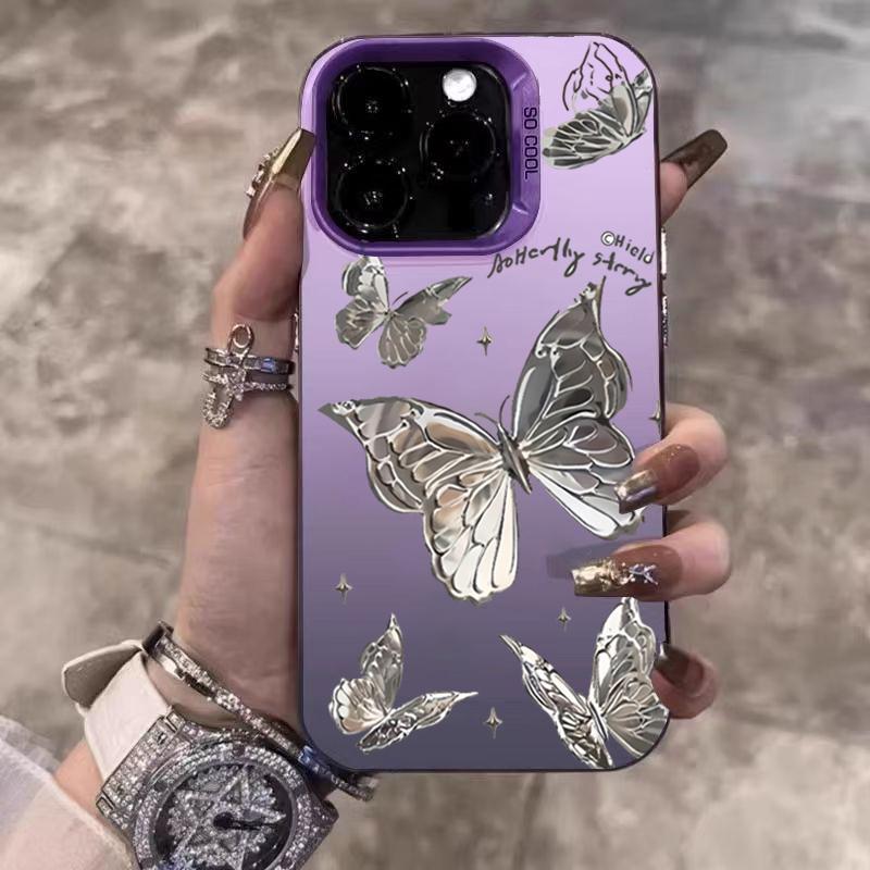 Silver Heart Butterfly Pattern Electroplate IMD Phone Case For iPhone 16 15 14 13 12 11 Pro Max 16E 7 8 Plus X XS XR SE Cover