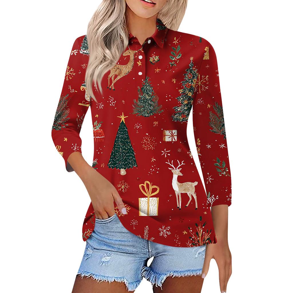 Women's Fashion Casual Lapel Short 3/4 Sleeve Christmas Print Shirt Women's Button Up Tops