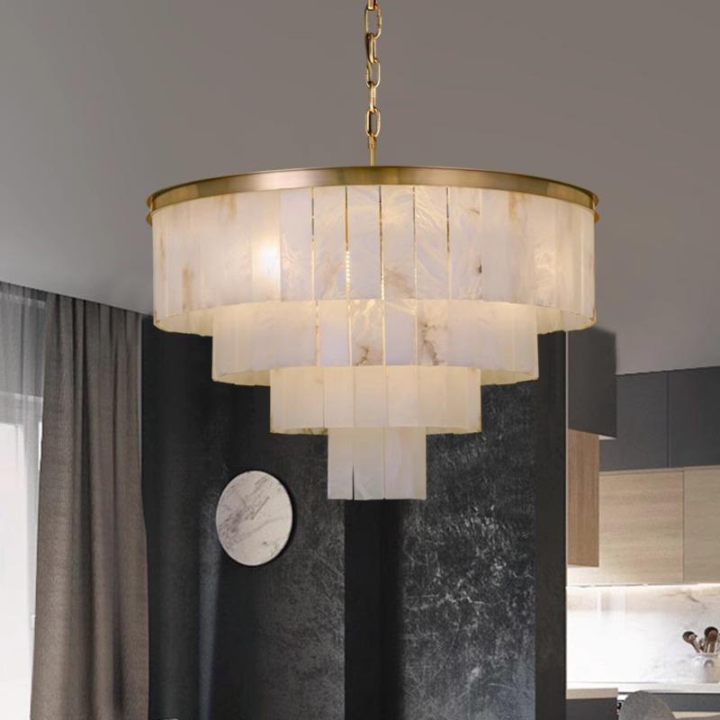 Postmodern Copper Chandelier with Spanish Marble - Elegant Lighting for Living Room, Duplex Dining Room, or Bedroom. Perfect for Designer Villas.