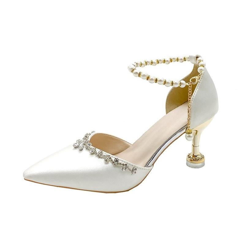Дизайн модного бренда, туфли-лодочки с ремешком на щиколотке из жемчужной цепочки, женские, лето 2025, сексуальные, с острым носком, на высоком каблуке, вечерние туфли, роскошные, блестящие, свадебные туфли
