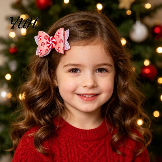 Cute Holiday Hair Barrettes Christmas Candies Bow Clip for Women Girls, Sweet Glitter Hairpins, Artificial Leather Festive Decorations Kids Clip, Pink