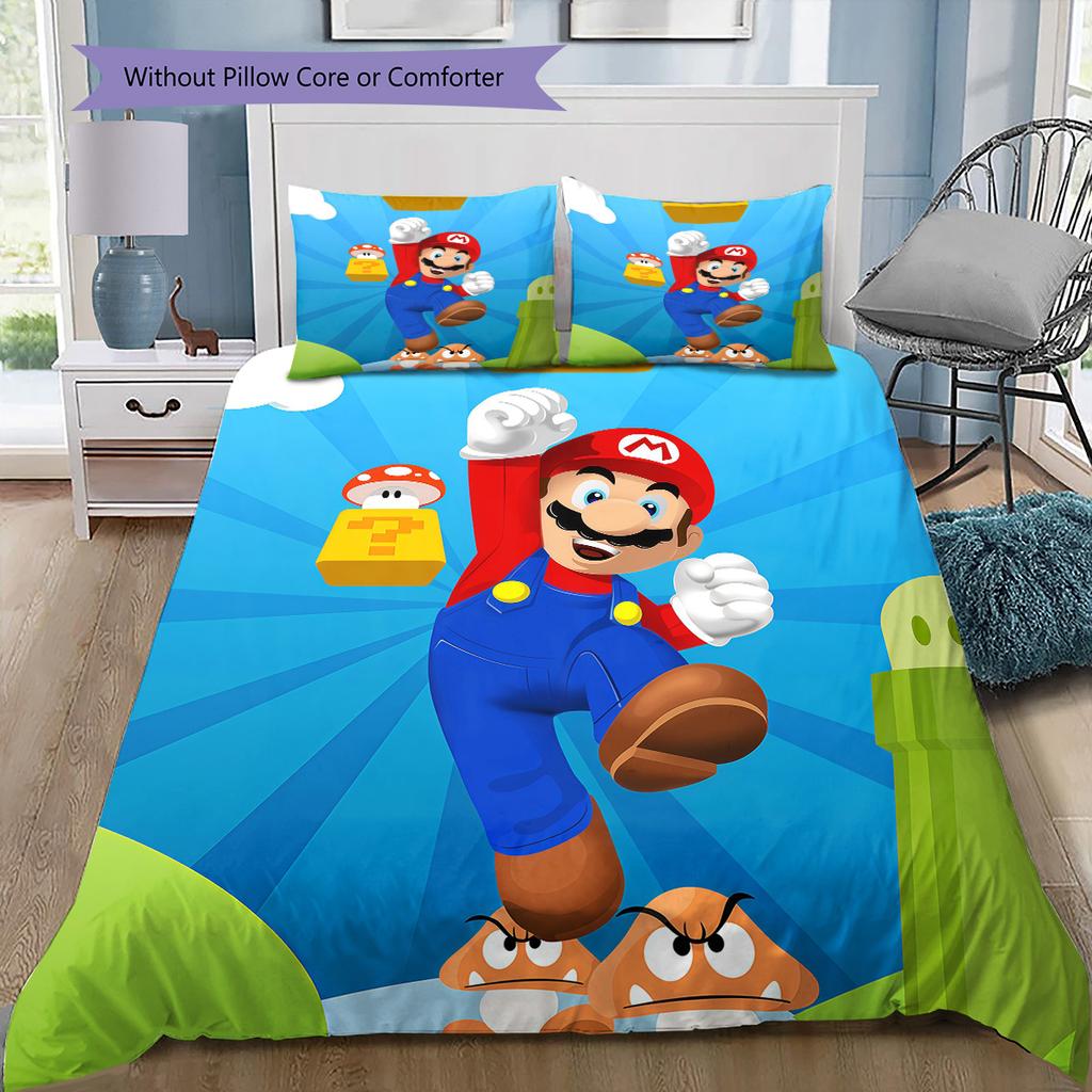 Super Mario Chibi Version Bedding Set, 1 Duvet Cover & 2 Pillowcases, Cozy Home, Great Gift for Fans