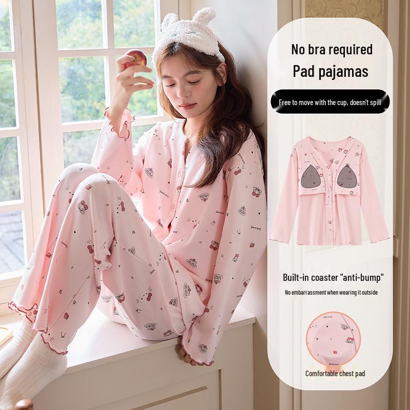 Женская пижама кимоно из хлопка с длинным рукавом и нагрудными вкладышами - милый мультяшный комплект с V-образным вырезом для весны и осени