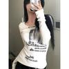 Graffiti Letter Print T Shirt Women Slim Crop Tops Long Sleeve Y2K Aesthetic Grunge Tees Streetwear Harajuku Tshirts