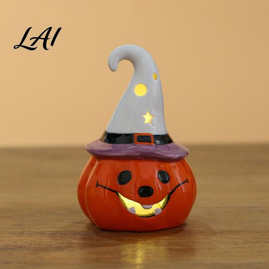 Hand Painted Ceramic Night Light Halloween Tealight Holder Lighted Ghost Pumpkin Figurine with Cute Wizard Hat Decor Witch Hat Tiered Tray Tabletop
