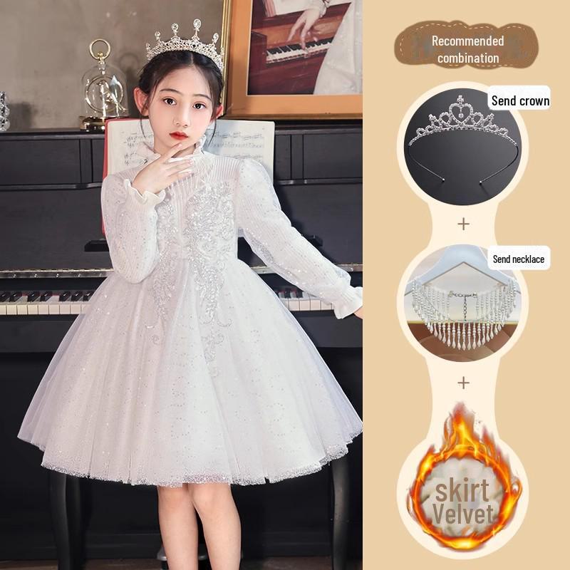 Стильное зимнее платье принцессы 2024 года для девочек: Элегантный костюм для выступления девочки-цветочницы и фортепиано
