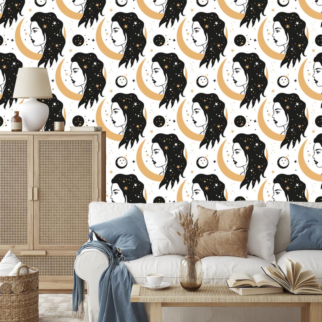 Women and Astrology Wallpaper Graphite, Brown, Cream and Black 50x1000