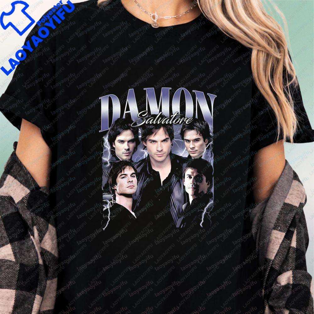 Унисекс футболка с коротким рукавом Damon Salvatore Ретро Стиль Уличная одежда для мужчин и женщин с круглым вырезом