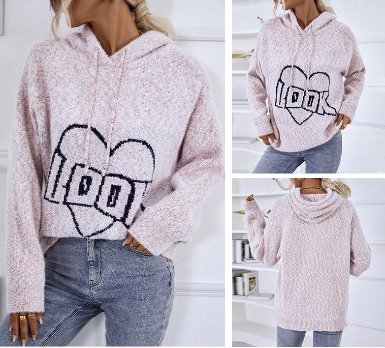 ZIMOXUAN Женский вязаный свитер с капюшоном и шнурком, вышивкой букв и длинными рукавами для повседневной носки