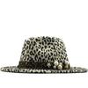Simple Wide Brim Leopard Wool Fedora Felt Hat For Women Leopard Pearl New Warm Winter Panama Hat Men Jazz Cap