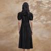 Women's Black Tie-Strap Puff Sleeve Midi Dress