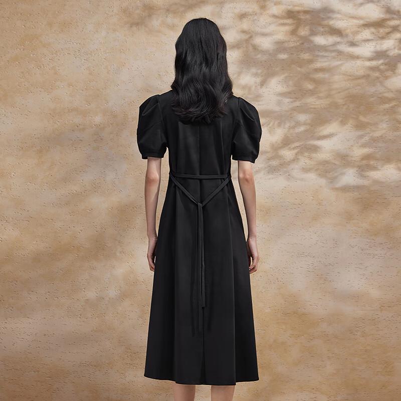 Women's Black Tie-Strap Puff Sleeve Midi Dress