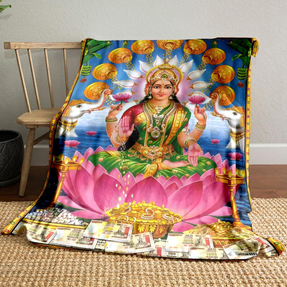 Goddess Lakshmi on Lotus with Gold & ElephantsFlannel blanket for bedroom, living room, sofa, and nap
